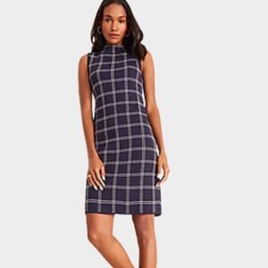 ANN TAYLOR Women's Plaid Mock Neck Sweater Dress In Navy Blue Size SP